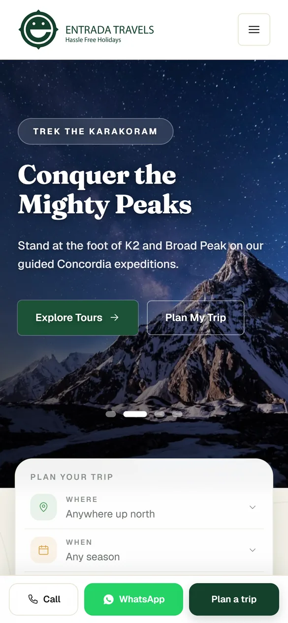 Entrada Travels website, mobile